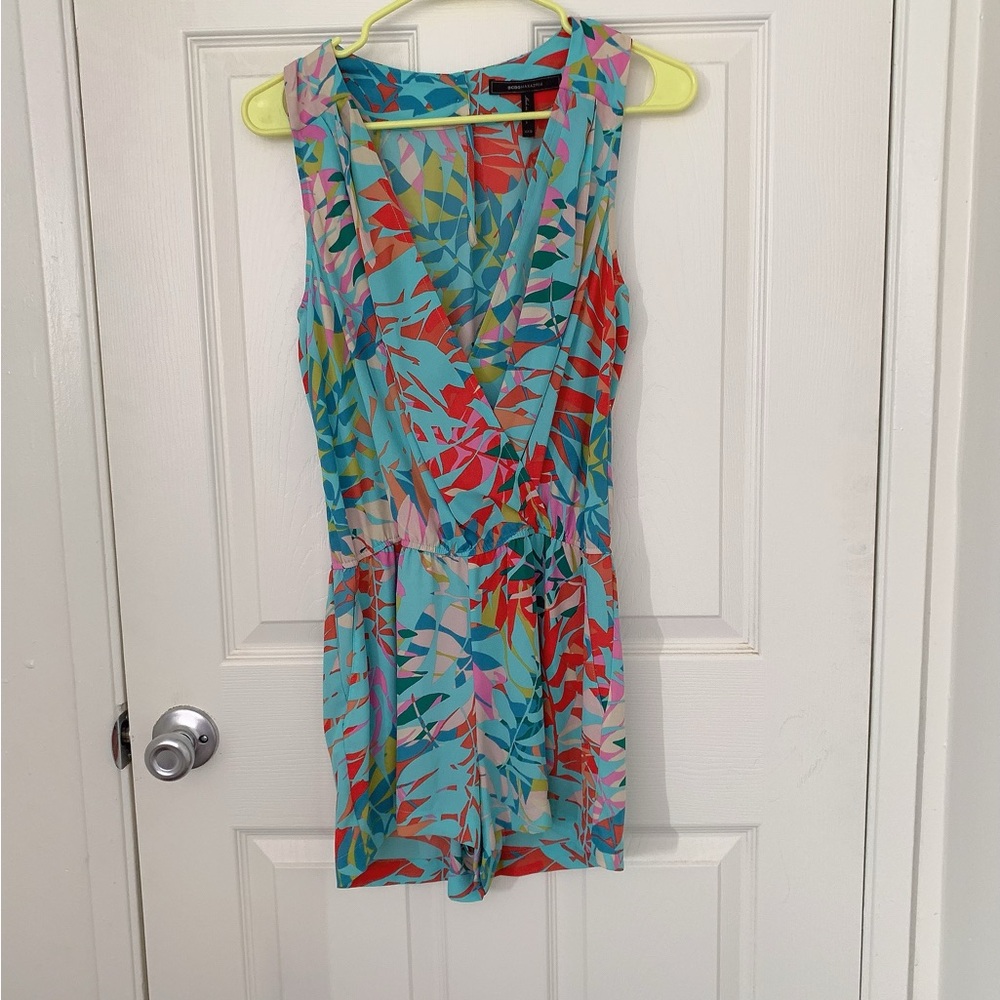 BCBGMaxAzria Blue and Red Tropical Jumpsuit